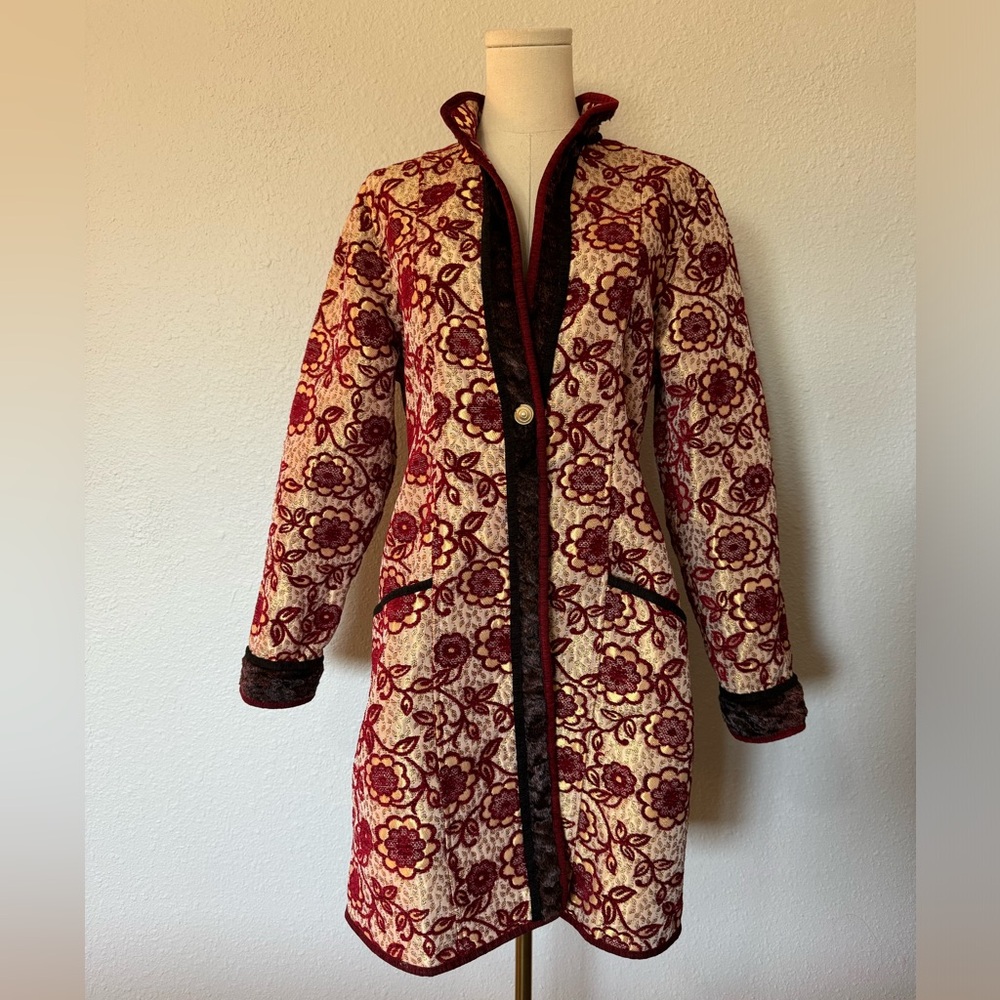 Embroidered Cream & Wine Floral Long Coat